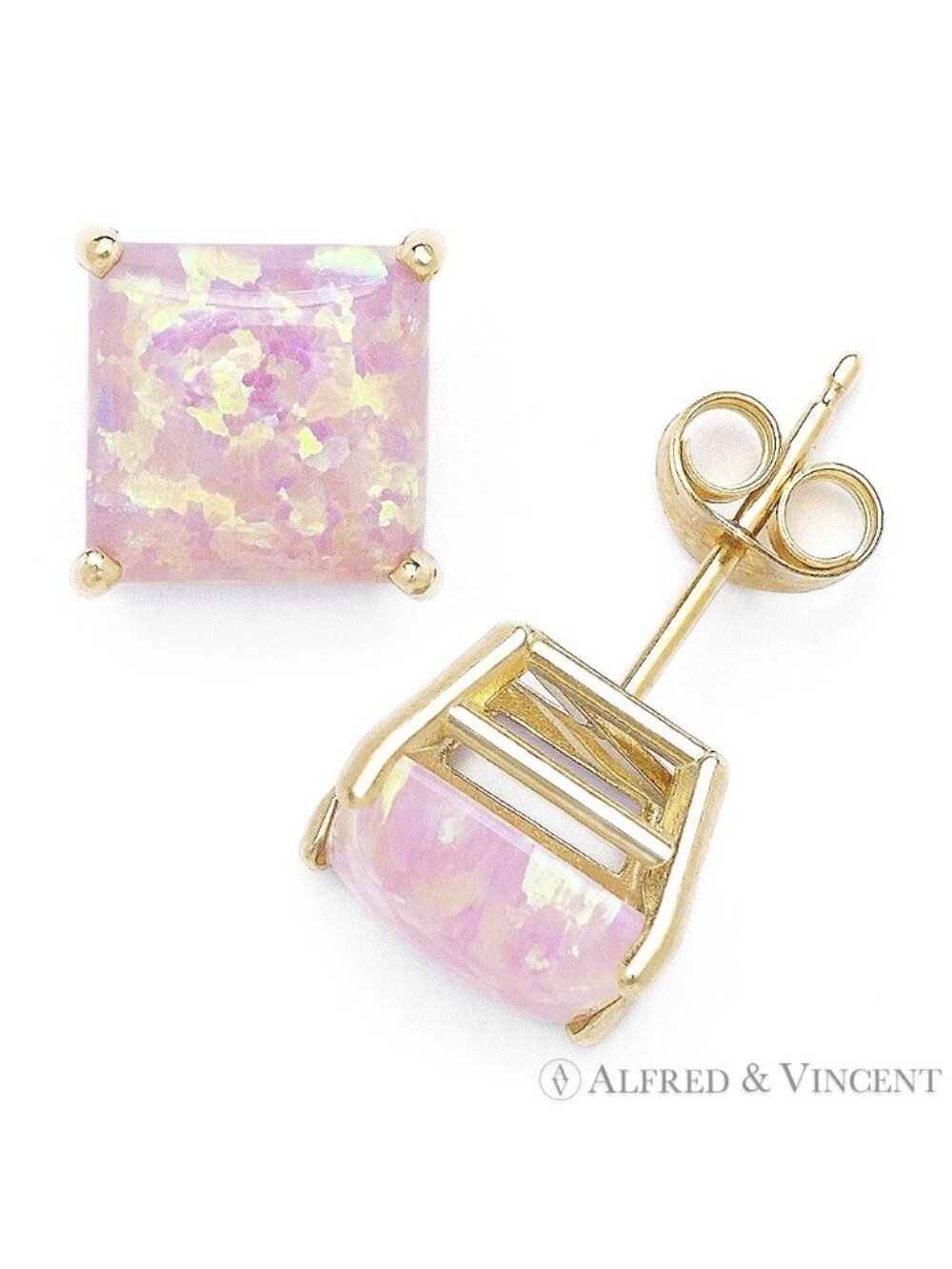 Square Cabochon Angel Skin Pink Opal Stud Earrings in Solid 14k Yellow Gold